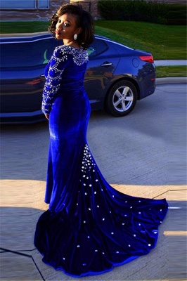 V-Neck Crystal Sexy Mermaid Royal-Blue Long-Sleeves Velevt Prom Dress_2