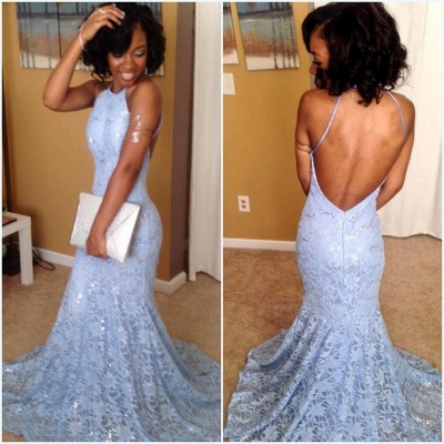 Lace Halter Backless Mermaid Prom Dress_3
