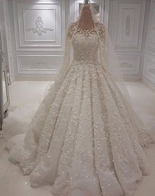 Gorgeous Jewel Long Sleeve Lace Beaded Ruffle Ball Gown Wedding Dresses_1