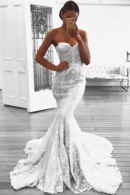 Sexy Strapless Mermaid Lace Wedding Dresses with Court Train_1