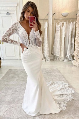 Graceful Deep V Neck Long Sleeve Applique Fitted Mermaid Wedding Dresses_1