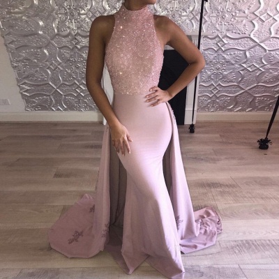 High Neck Sleeveless Prom Dresses | Pink Mermaid Evening Dresses with Overskirt_3