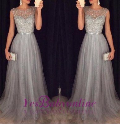 Sleeveless Tulle Grey Elegant Sequins A-line Beaded Sparkly Evening Dresses_1