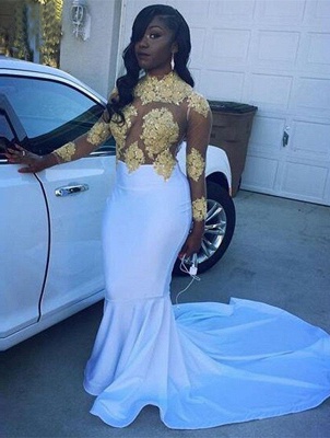 Sexy See Through Prom Dresses Gold Appliques Long Sleeves White Mermaid Evening Gowns_2