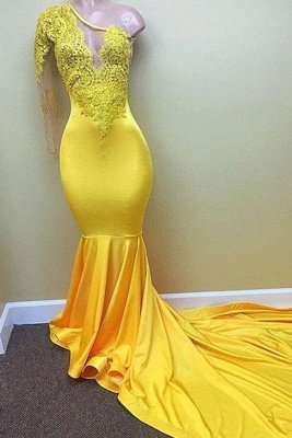 Shiny Yellow Mermaid Prom Dresses | One Sleeve Lace Evening Gowns_1