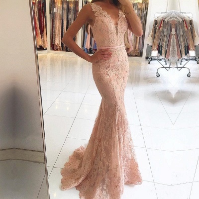 Sexy Mermaid Pink Lace Long Evening Dresses_2