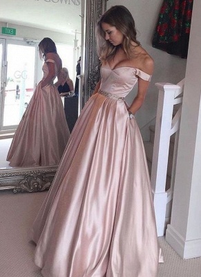 Pearl Pink Prom Dresses Off-the-Shoulder Beading with Pockets Puffy Formal Gowns_2