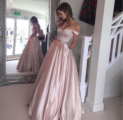 Pearl Pink Prom Dresses Off-the-Shoulder Beading with Pockets Puffy Formal Gowns_3