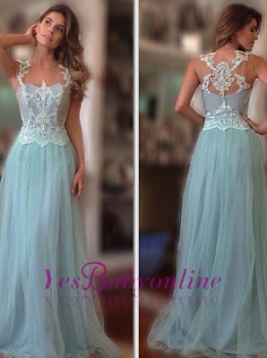Long Elegant A-Line  Lace-Applique Sleeveless Prom Dresses_1