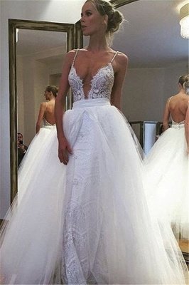 Spaghetti Straps Sheath Lace Wedding Dresses | Bakcless Bridal Gowns with Detachable Tulle Skirt_2