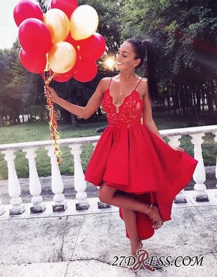 A-line V-neck Red Cute High-low Lace Homecoming Dress_1