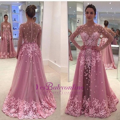 Overskirt Sheer Pink Long-Sleeves Lace-Appliques Prom Dresses_1