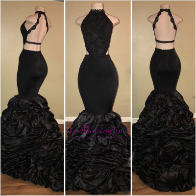 Amazing Black Mermaid Prom Dresses | Sexy Halter Evening Dresses with Pick-Up Skirt_1