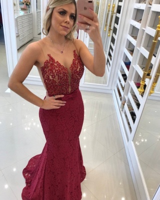 Elegant Burgundy Lace Evening Dresses | Scoops Beaded Prom Dresses With Bows_3