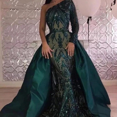 Classy One Shoulder Long Sleeve Sequins Mermaid Prom Dress With Detachable Tail_3