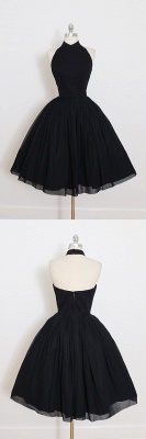Simple Black Halter A-line Party Dress Ruffles Short Tulle Backless Prom Dress_2