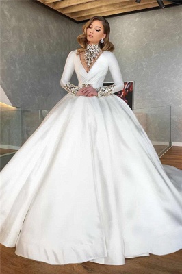 Long Sleeve Plunging Neckline Beading Ball Gown Wedding Dresses | Puffy Wedding Gown_1
