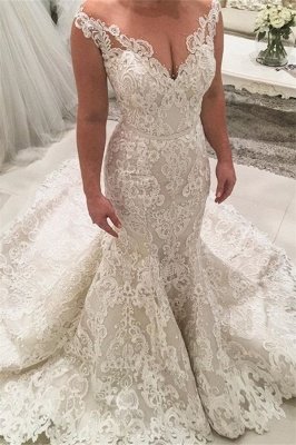 Gorgeous Mermaid Lace Wedding Dresses | Sexy Bridal Gowns with Long Train_1