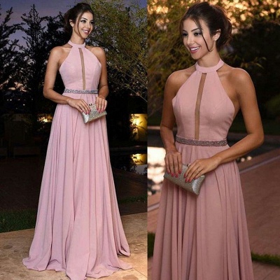 Elegant Pink Prom Dresses Halter Neck A-line Evening Gowns_4