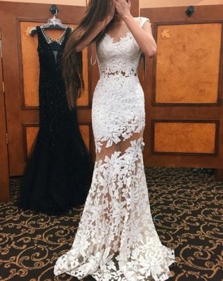 Sexy White Mermaid Prom Dresses Lace Appliques Sheer Sleeveless Evening Gowns_2