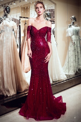 Sparkly Burgundy Crystal Off-the-Shoulder Prom Dress | Mermaid Evening Dress with Tassels_3
