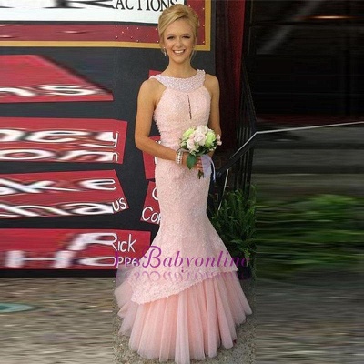 Sleeveless Pearls Lace Mermaid Pink Newest Long Prom Dress_1