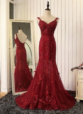 Burgundy Mermaid Prom Dresses Straps Lace Appliques Open Back Evening Gowns_2