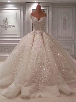 Gorgeous Off The Shoulder Sweetheart Applique Beaded Ball Gown Wedding Dresses_3