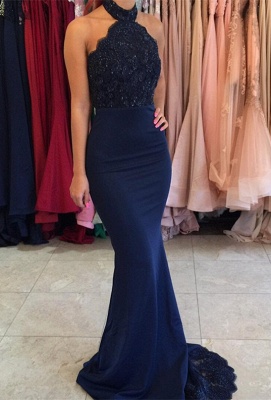 Dark Navy Mermaid Prom Dresses Halter Neck Lace Beading Formal Evening Gowns_2