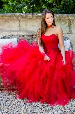 Flowers Strapless Tulle Ruched Lace Sleeveless Red Wedding Dress_2