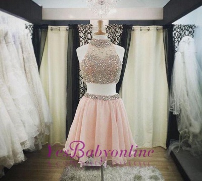 Blush Short Pink Luxury Two-Piece Halter-Neck Crystals Homecoming Dresses_1