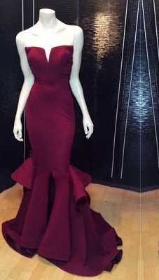 Marsala Maroon Mermaid Prom Dresses Notched Neckline Ruffles Skirt Split Evening Gowns_1