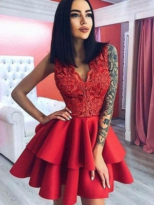 Chic V-Neck Homecoming Dresses | Red Ruffles Skirt Cocktail Dresses_1