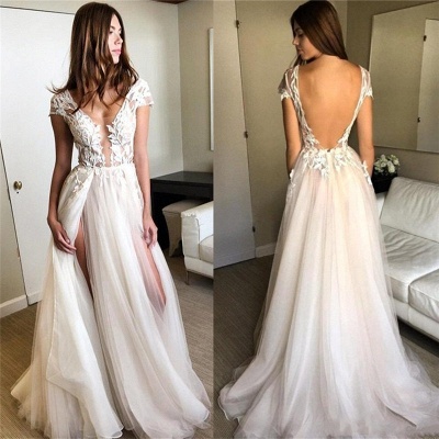 Short-Sleeves Side-Slit A-line Lace-Applique Tulle Exquisite Scoop Wedding Dresses_3