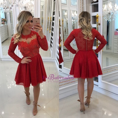 Lace Cocktail Short Red Fashion Long-Sleeve Party Dresses_1