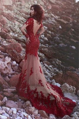 Red Long Sleeves Prom Dresses Lace Appliques Beading Mermaid Evening Gowns_2