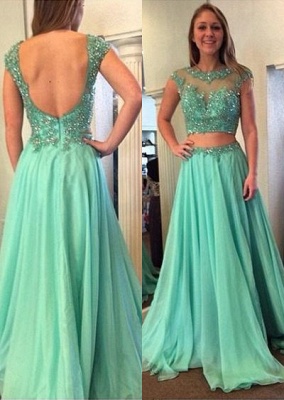 A-line Cap-Sleeve Jewel Beading Long Gorgeous Two-Piece Prom Dress_2