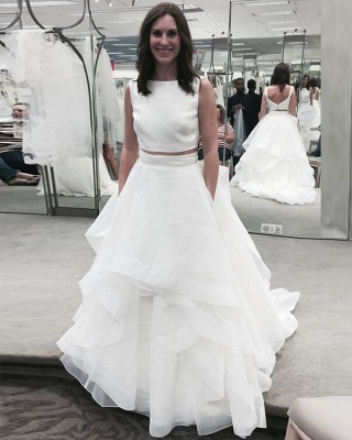Jewel White Two-Piece A-line Ruffles Modern Sleeveless Wedding Dress_3