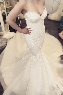 Floral Luxurious Strapless Ruffles Sleeveless Open-Back Detachable-Train Mermaid Wedding Dress_3
