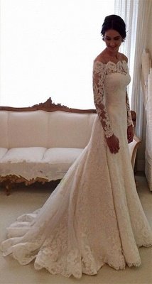 Lace Off-the-Shoulder Long Sleeves Glamorous A-line Wedding Dresses_3