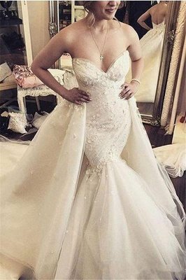 Floral Luxurious Strapless Ruffles Sleeveless Open-Back Detachable-Train Mermaid Wedding Dress_2