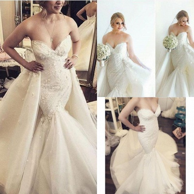 Floral Luxurious Strapless Ruffles Sleeveless Open-Back Detachable-Train Mermaid Wedding Dress_5