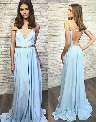 Stylish Long Backless Blue V-neck Evening Dress_2