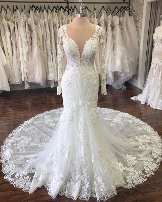 See Through Jewel Neck Long Sleeve Applique Mermaid Wedding Dress | Lace Bridal Gown_2