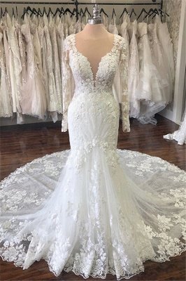 See Through Jewel Neck Long Sleeve Applique Mermaid Wedding Dress | Lace Bridal Gown_1