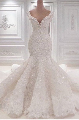 Gorgeous V-neck Appliques Lace Ruffles Sequins Mermaid Wedding Dress_1