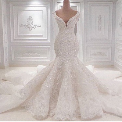 Gorgeous V-neck Appliques Lace Ruffles Sequins Mermaid Wedding Dress_3