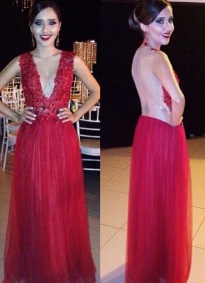 New Red Prom Dresses V-Neck Long Tulle Floor length Evening Dresses_3