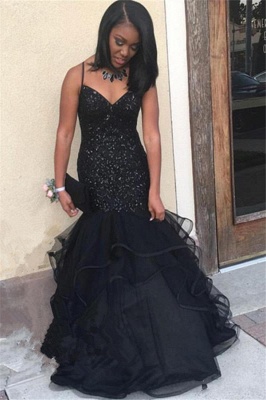 Black V-neck Spaghetti Prom Dresses | Sequins  Ruffles Evening Gowns_2