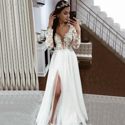 V Neck Long Sleeve Applique Lace Side Slit A Line Wedding Dresses_2